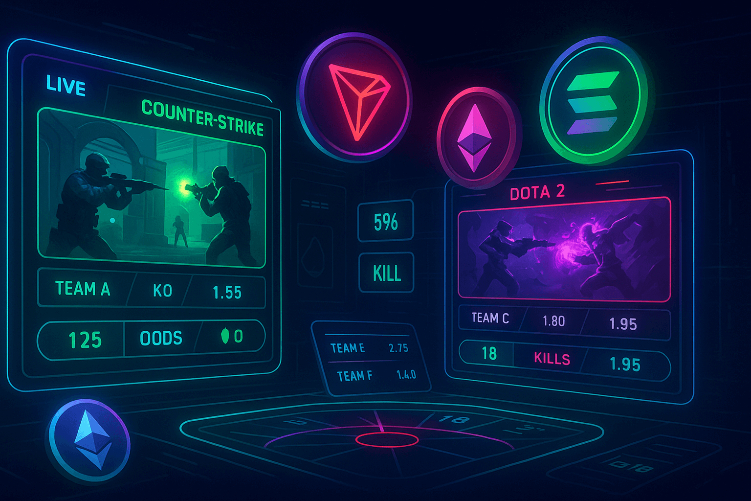 Dexsport web3 betting platform interface displaying live esports odds and multichain crypto wallet options