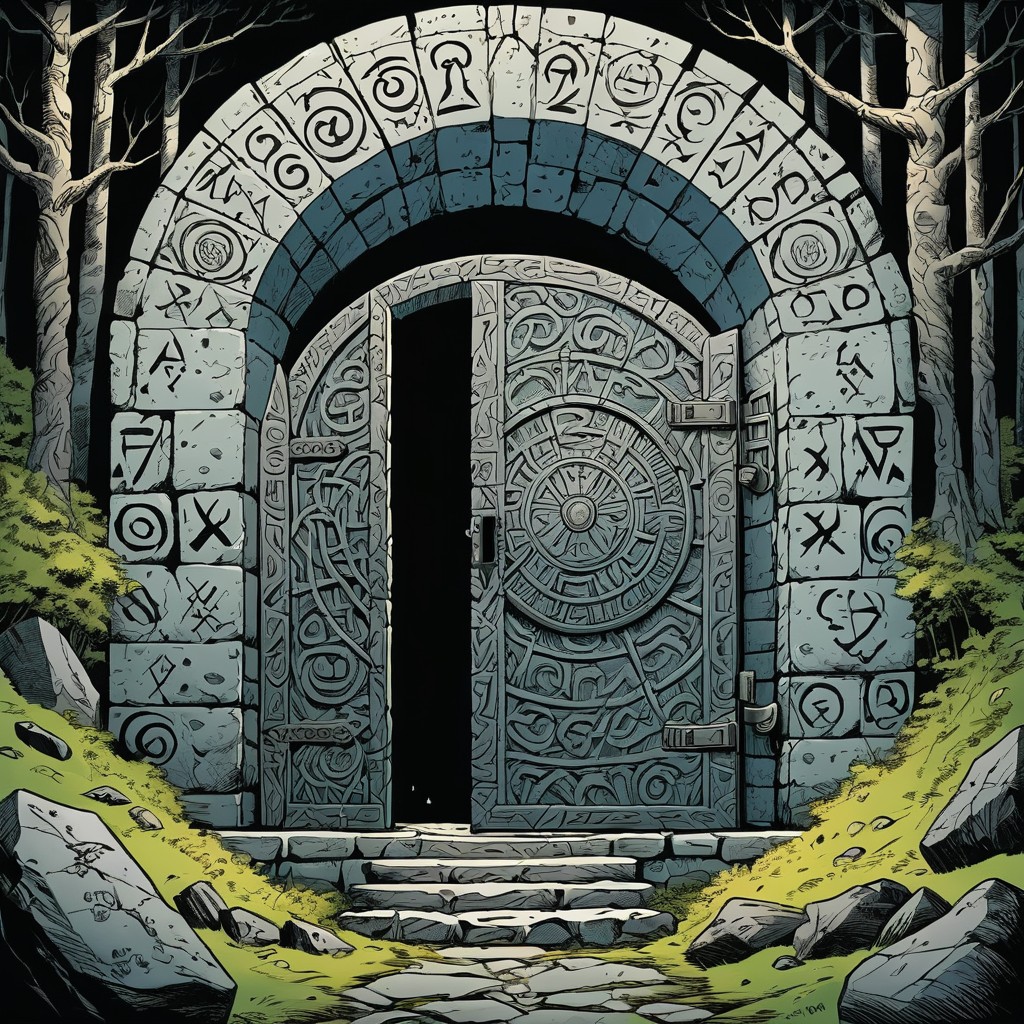 ancient rune door mystical forest