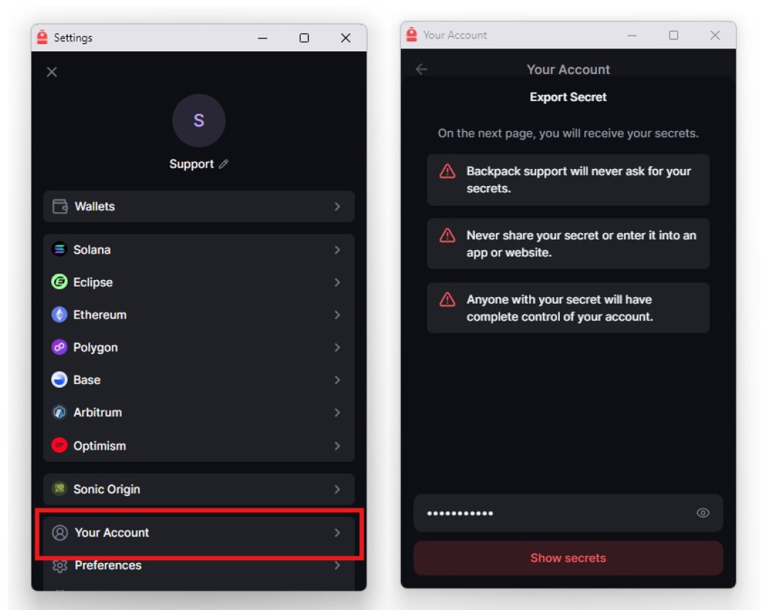 Backpack Wallet security settings