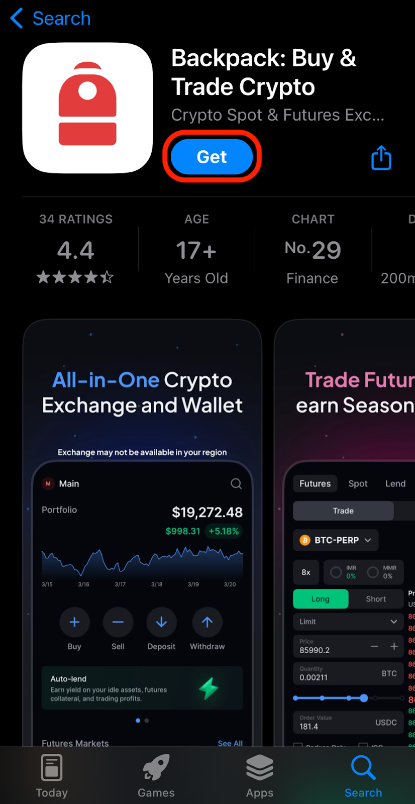 Backpack Wallet user interface
