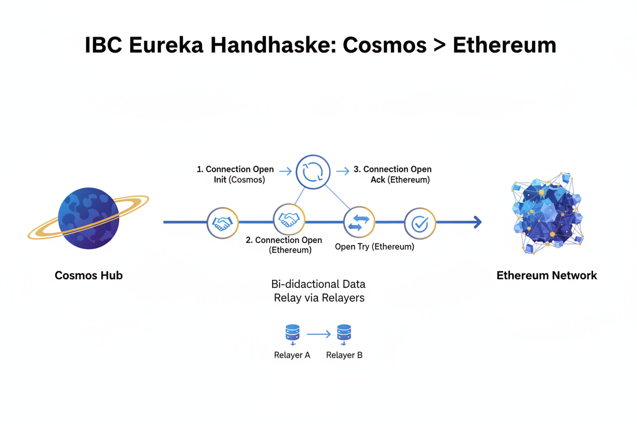 Diagram illustrating IBC Eureka's simplified handshake process for interchain communication between Cosmos SDK v0.53 and Ethereum blockchains