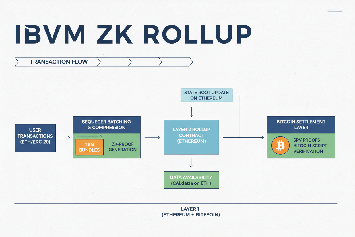 Diagram illustrating IBVM ZK rollup transaction flow from sequencer to Bitcoin settlement, showcasing scalable Layer 2 execution on Bitcoin