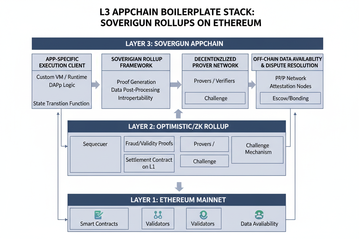 Diagram illustrating L3 appchain boilerplate stack for sovereign rollups on Ethereum, showcasing modular blockchain architecture layers including Rollkit, Spire, and Arbitrum Orbit