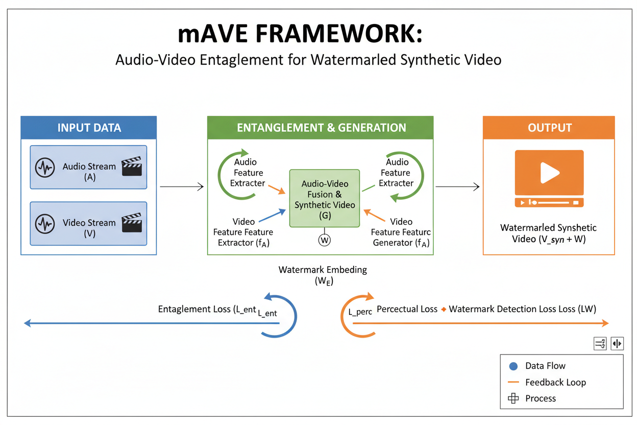 Diagram of mAVE framework audio-video entanglement for imperceptible watermarking in synthetic videos, resisting removal attacks for media licensing 2026