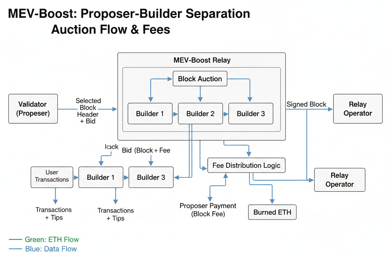 Ethereum Proposer-Builder Separation (MEV-Boost) diagram illustrating blockspace auction flow, fee distribution, and decentralization risks for traders