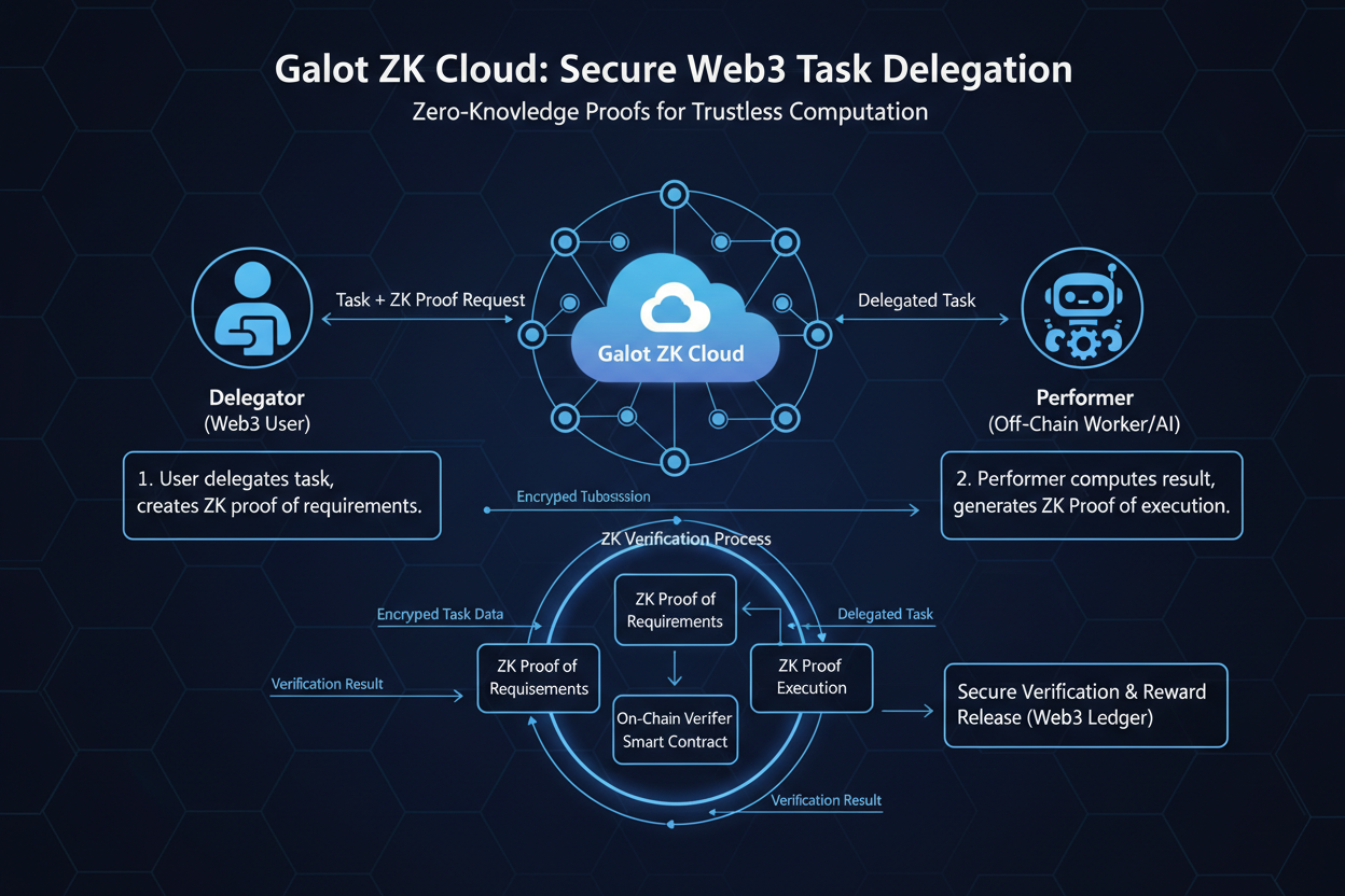 Diagram illustrating Zero-Knowledge Proofs (ZKPs) for secure Web3 task delegation using Galot's ZK cloud, enabling fraud-proof verification without revealing sensitive data