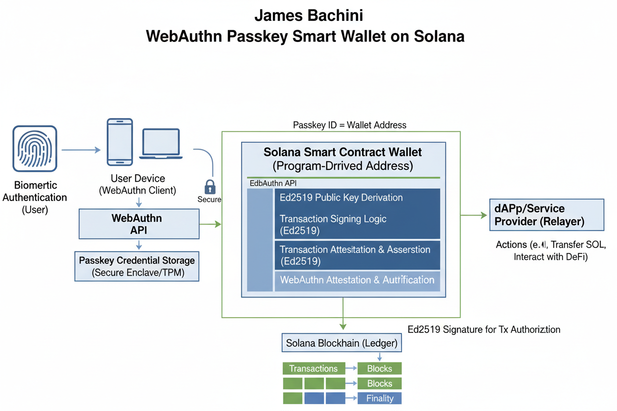 Diagram of James Bachini's WebAuthn passkey smart wallet demo showing biometrics like Face ID triggering Ed25519 keys for phishing-resistant seedless blockchain signing on Solana
