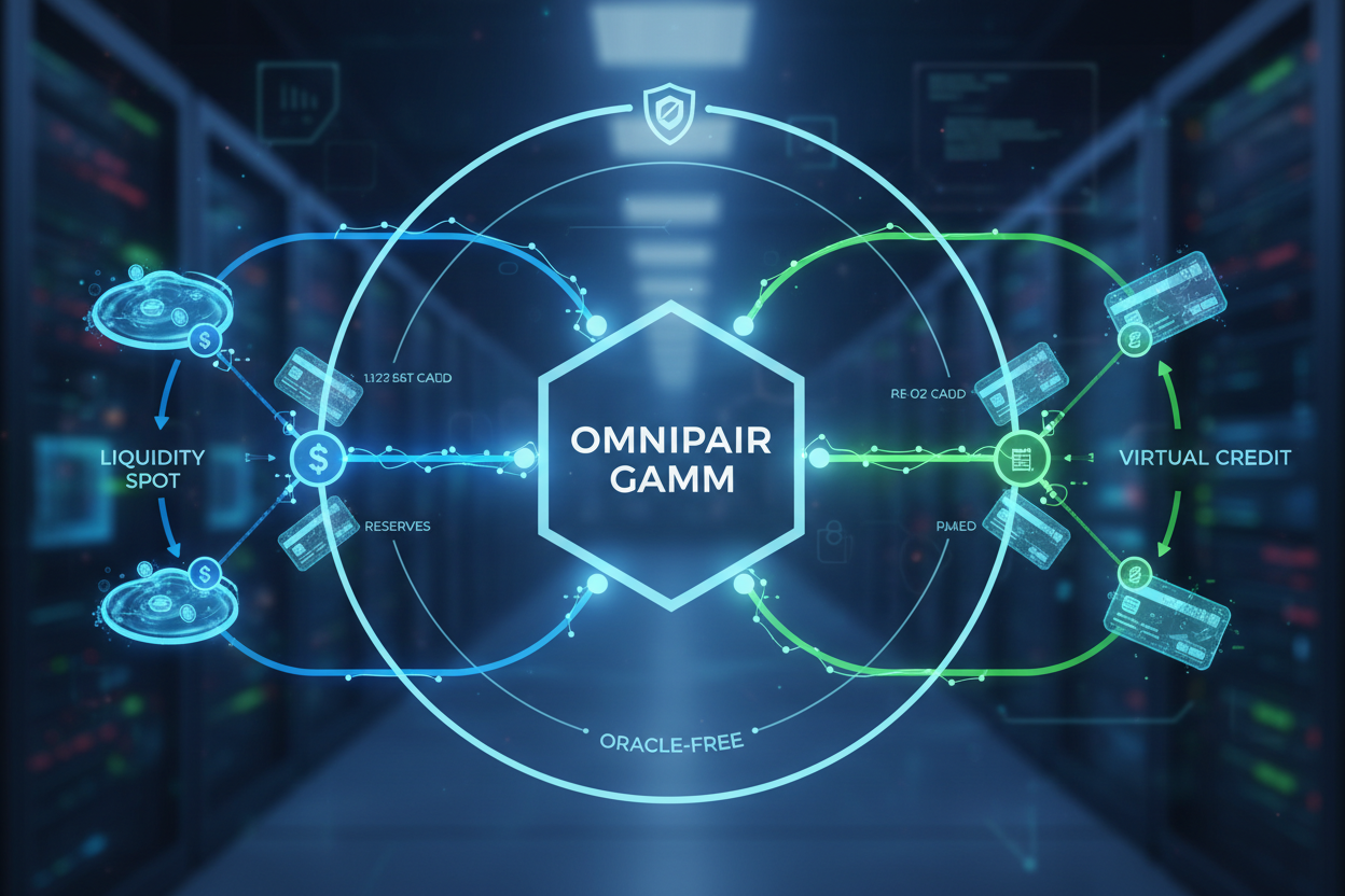 Diagram of Omnipair GAMM allocating liquidity between spot reserves for swaps and virtual credit for borrowing in oracle-free pools