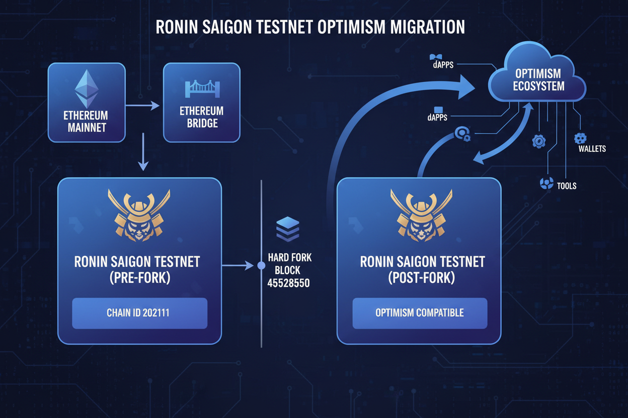 Diagram of Ronin Saigon Testnet hard fork to Optimism OP Stack at block 45528550, chain ID 202601, showing Ethereum bridge flows for L2 scalability upgrade