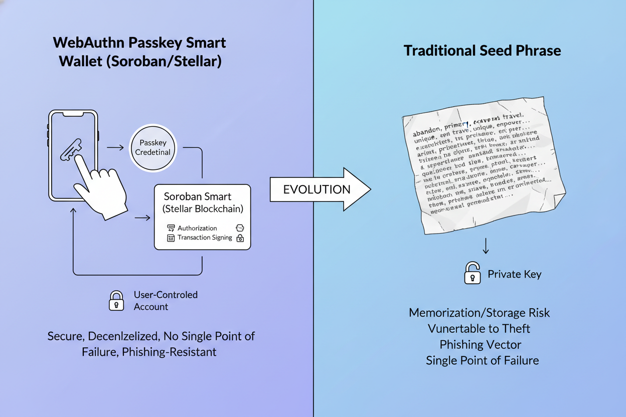 Diagram of WebAuthn passkey smart wallets using Soroban contracts on Stellar Network contrasted with traditional seed phrases for secure seedless crypto self-custody