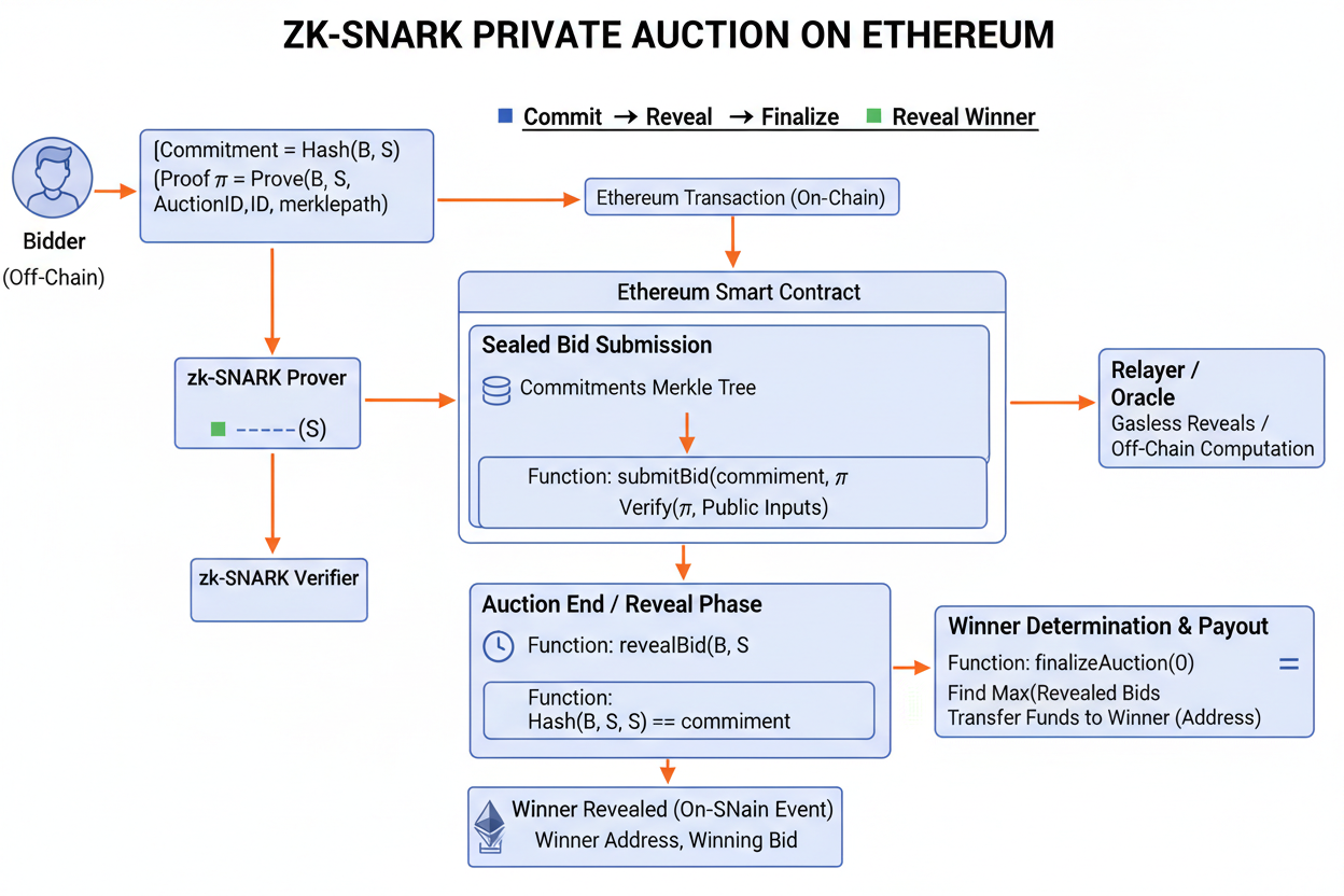 Diagram of zk-SNARK proof flow for sealing private bids in Ethereum auction until winner reveal using Circom circuits