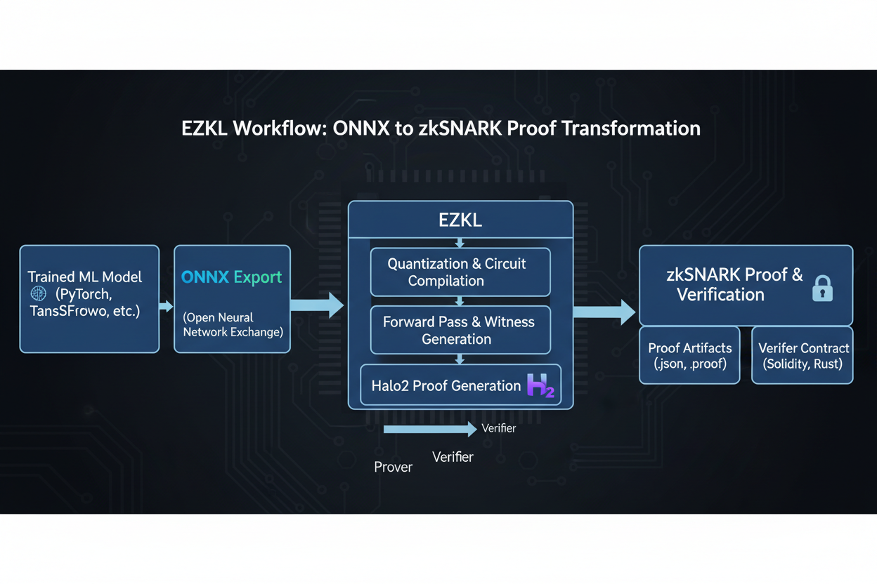 Diagram of EZKL workflow converting ONNX transformer model to Halo2 zkSNARK proof for zkML verification