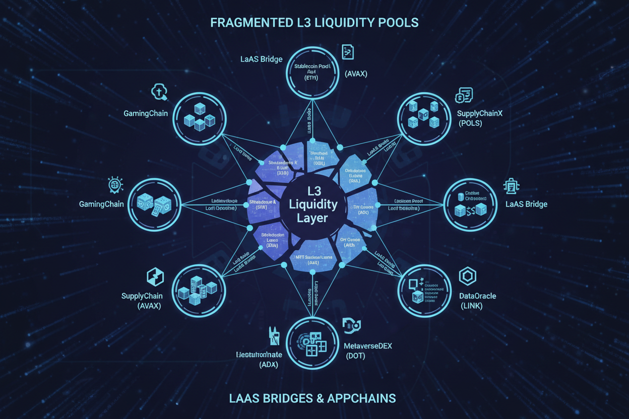 Diagram of fragmented Layer 3 L3 appchain liquidity pools connected by Liquidity-as-a-Service LaaS bridges overcoming fragmentation bridge risks and slippage in 2026 blockchain DeFi