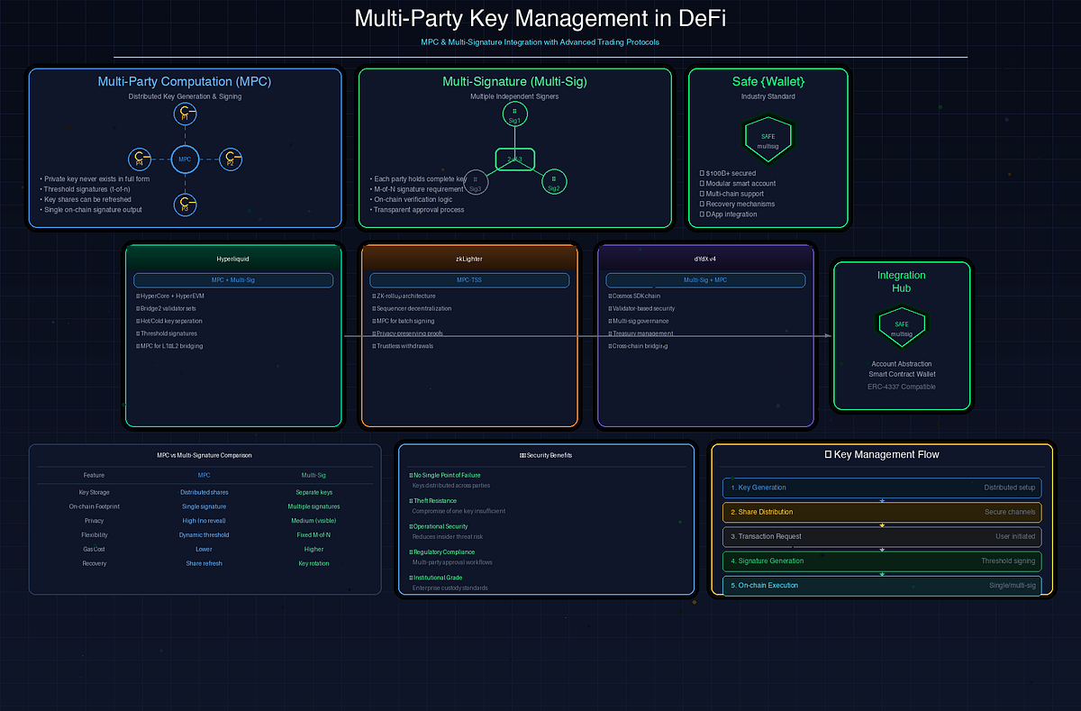Diagram illustrating MPC key shares integrated with Account Abstraction (AA) smart contract policies for secure DAO wallet custody and compliance