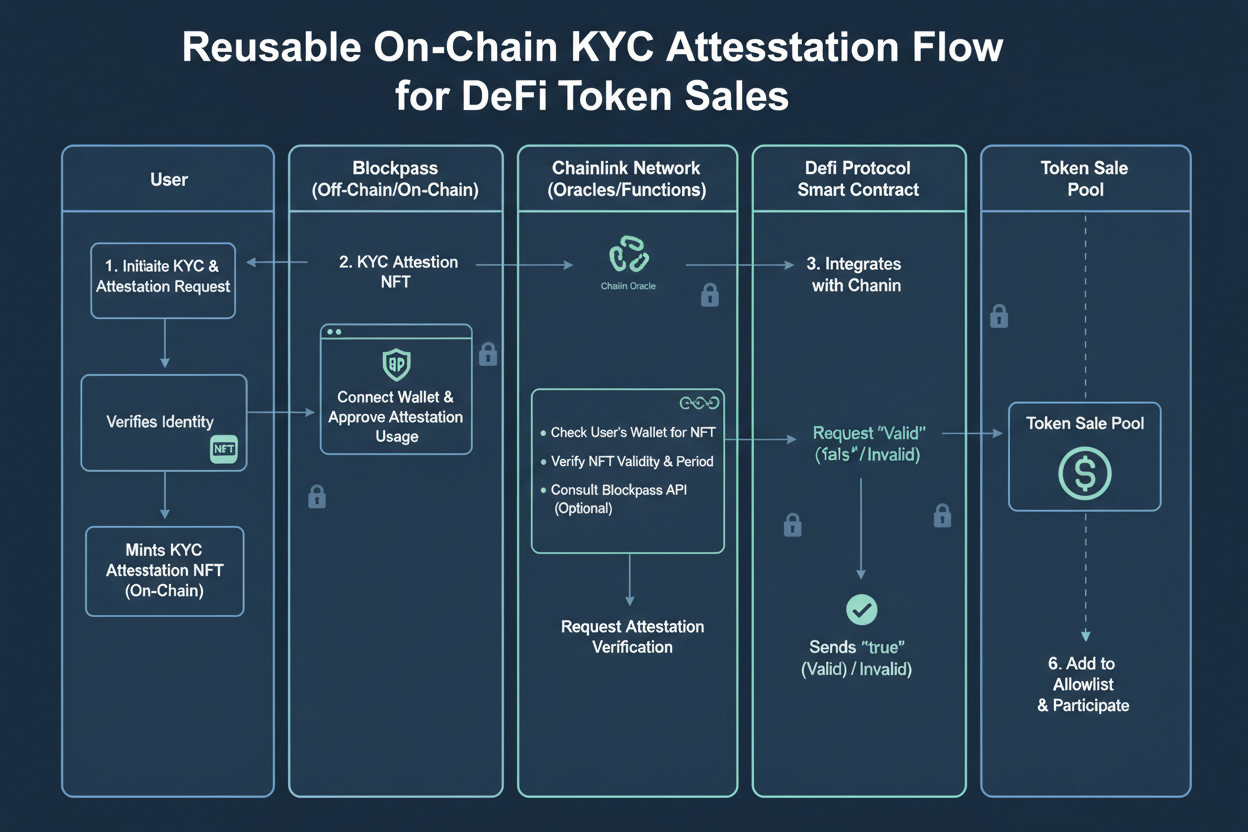Diagram of reusable onchain KYC attestation flow: from identity verification to DeFi allowlist access and token sales compliance in 2026
