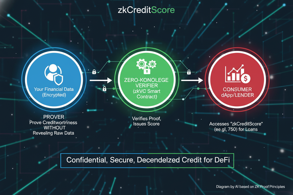 Diagram of zero-knowledge proof (ZKP) process for credit score verification in DeFi, illustrating privacy-preserving zkVCs like zkCreditScore without revealing sensitive data