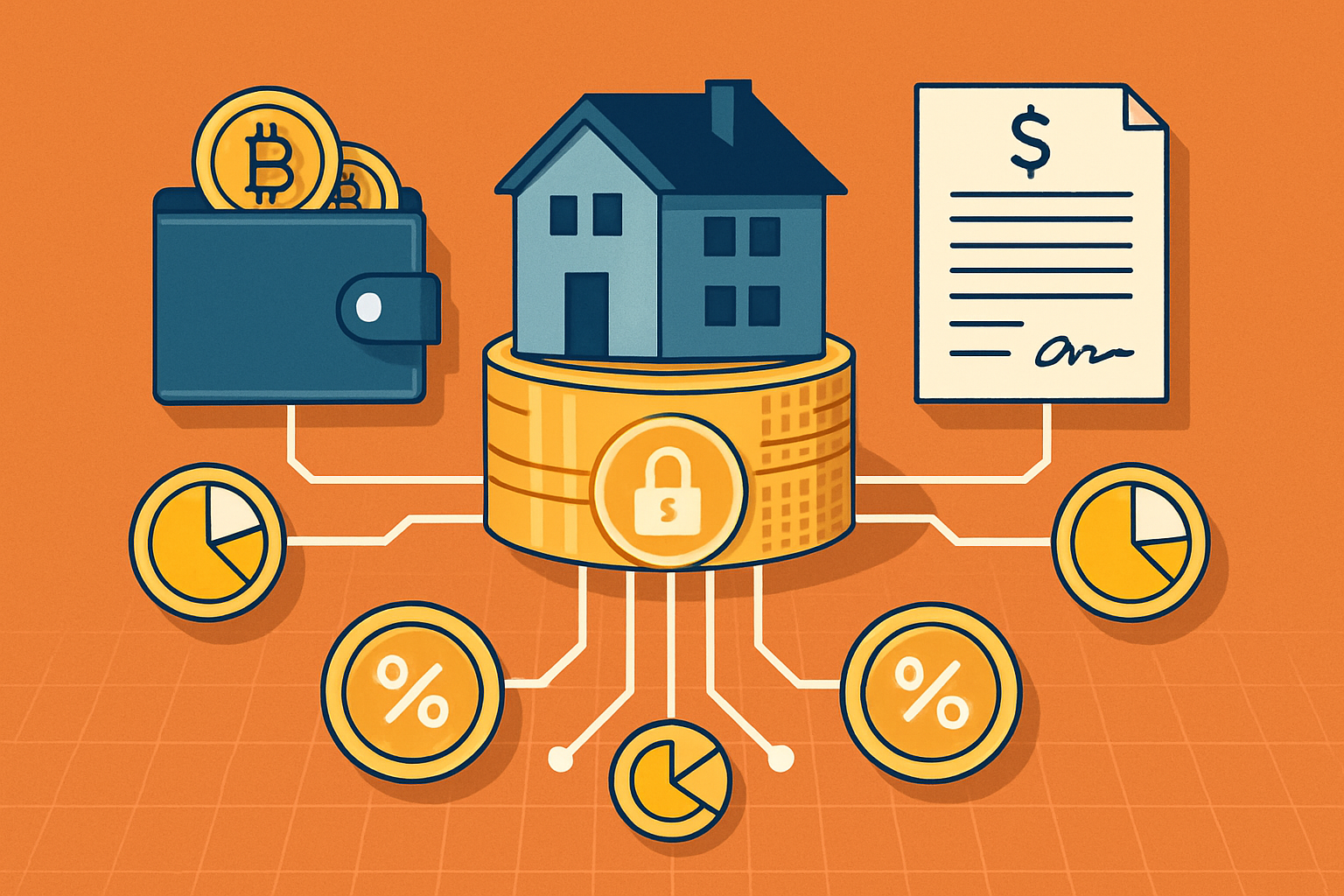 Digital illustration of blockchain tokenizing a traditional mortgage lien on a suburban house, with fractional shares flowing to investor crypto wallets, representing RWA real estate tokenization for stable yields