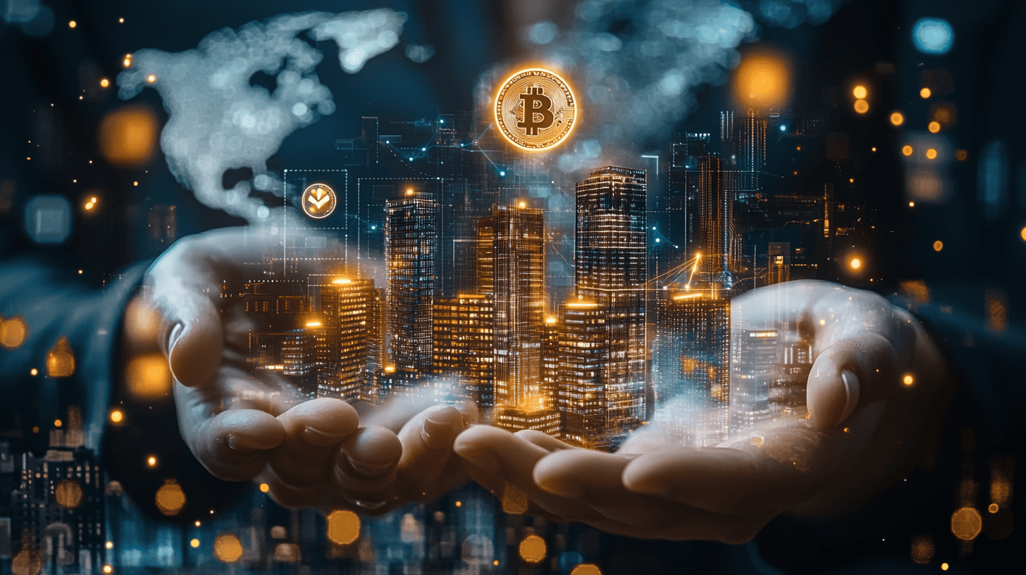 Digital illustration of a city skyline with blockchain network overlays and property tokens, representing step-by-step real estate tokenization and fractional ownership process in 2024.