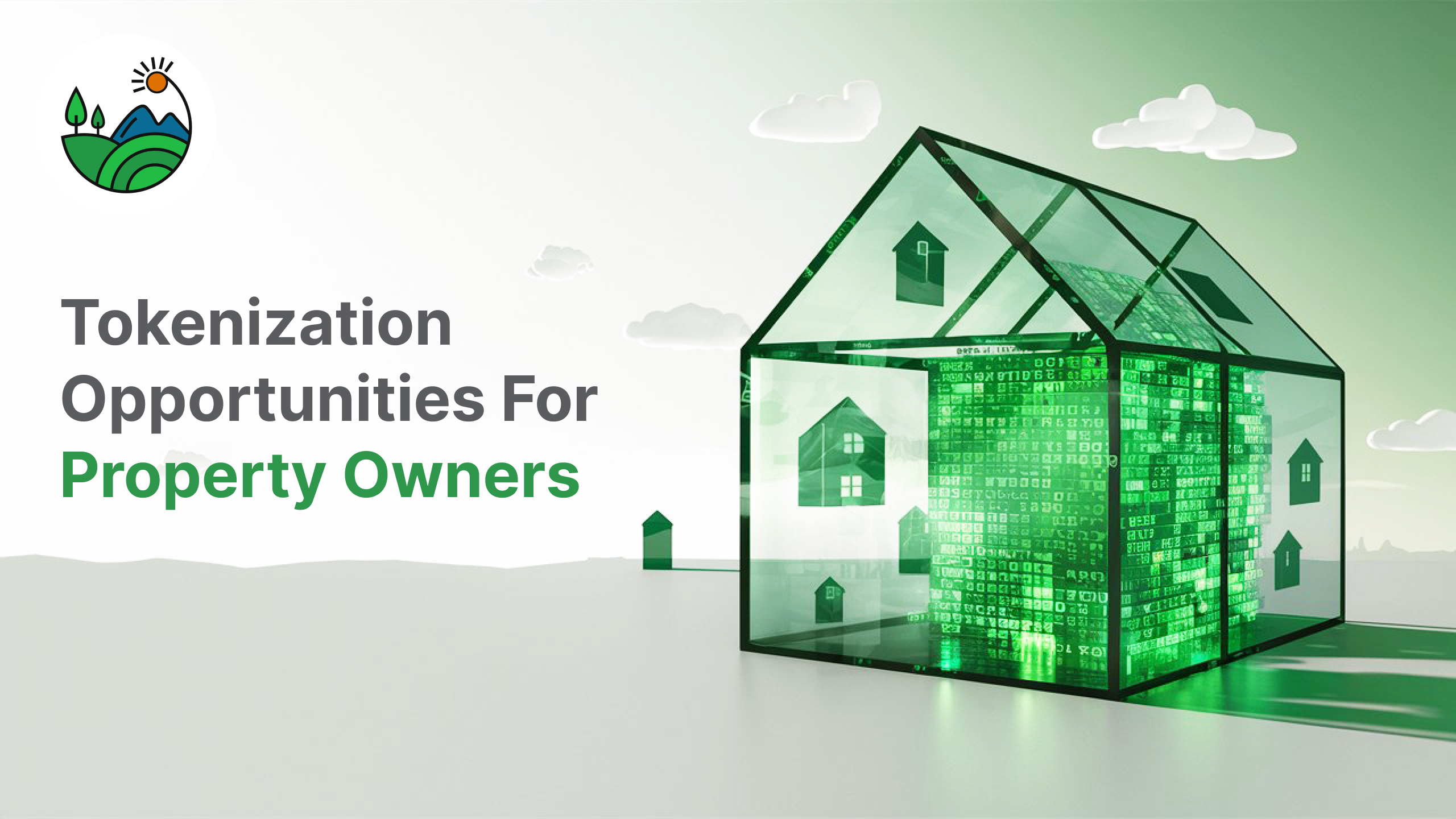 Digital illustration of modern rental apartment building with floating blockchain tokens representing fractional real estate ownership shares for tokenization in 2026