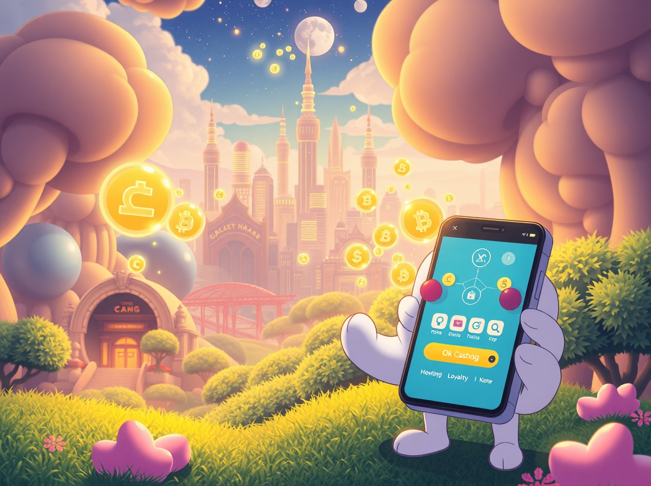 Digital illustration of retail customers staking loyalty tokens on a blockchain app to unlock reward multipliers in tokenized loyalty programs