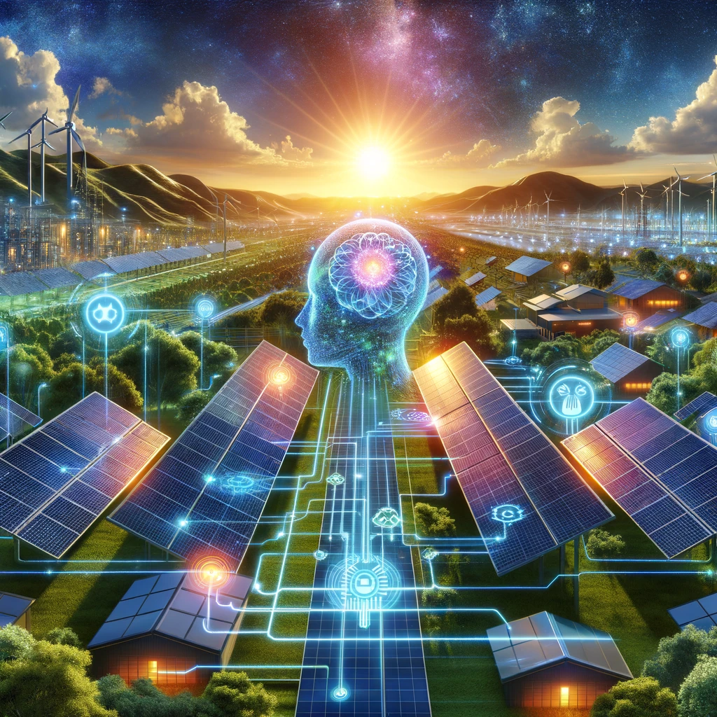 Digital illustration of solar panels generating tokenized Renewable Energy Certificates (RECs) on a blockchain network, revolutionizing green energy credit trading