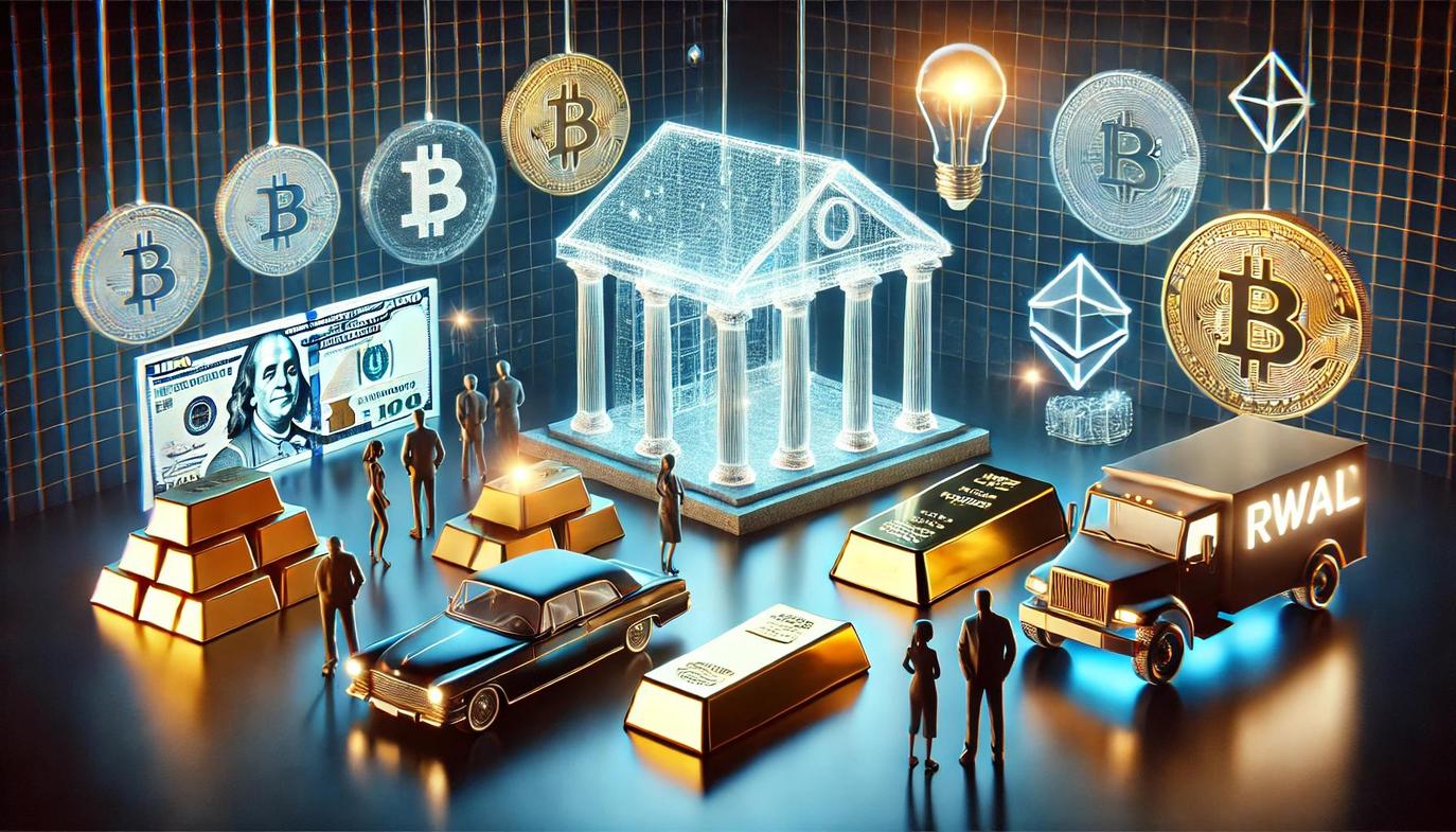 Digital illustration of blockchain-based fractional ownership of a luxury real estate building, representing tokenized property investment.