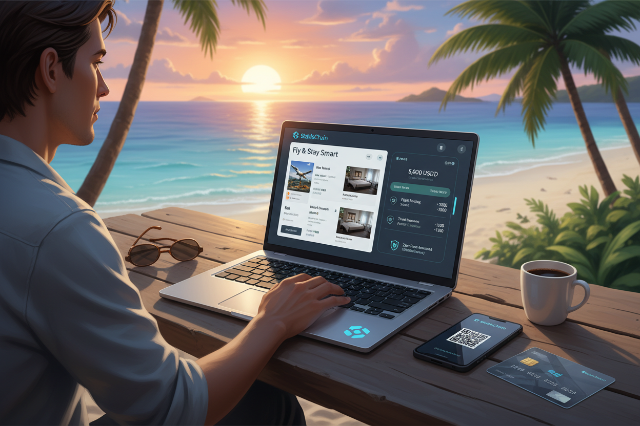 Digital nomad booking flights and hotels with USDT on StableChain interface, featuring zero-fee payments and onchain trip insurance