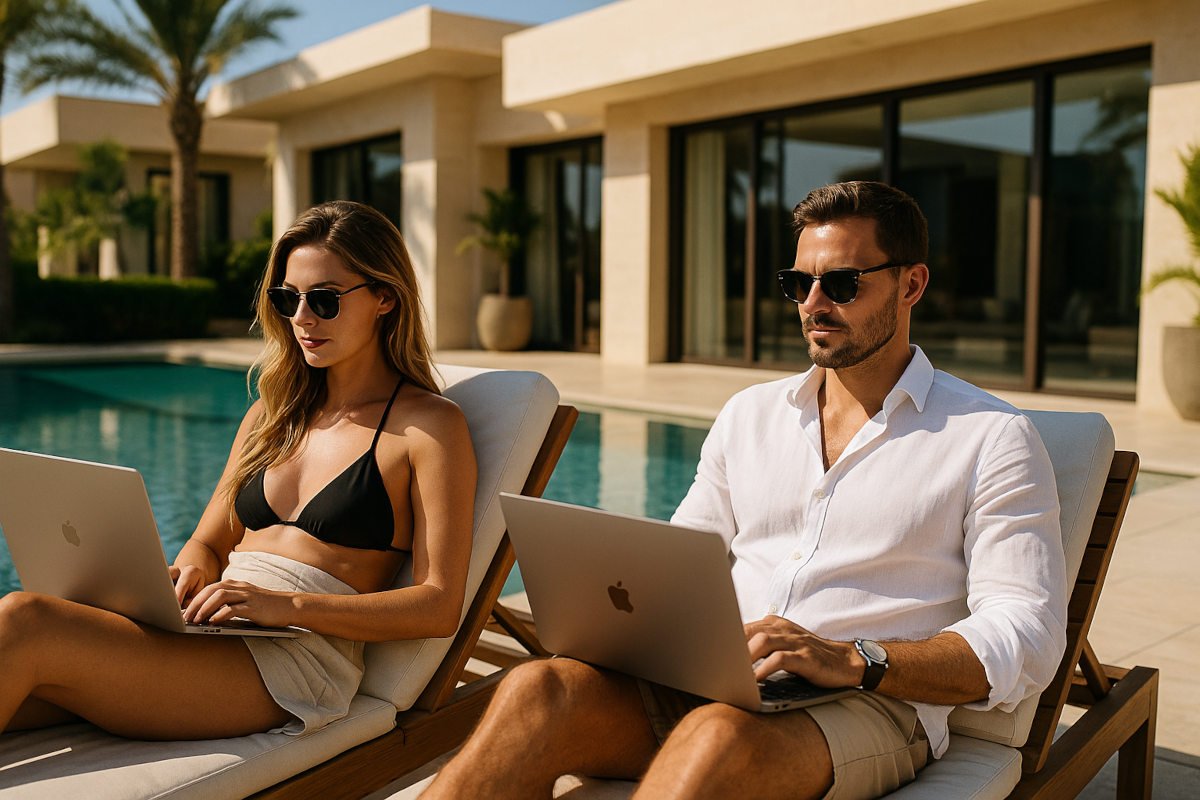 Digital nomad booking flights and hotels with stablecoins on laptop against tropical beach backdrop, low-fee crypto travel payments for 2026