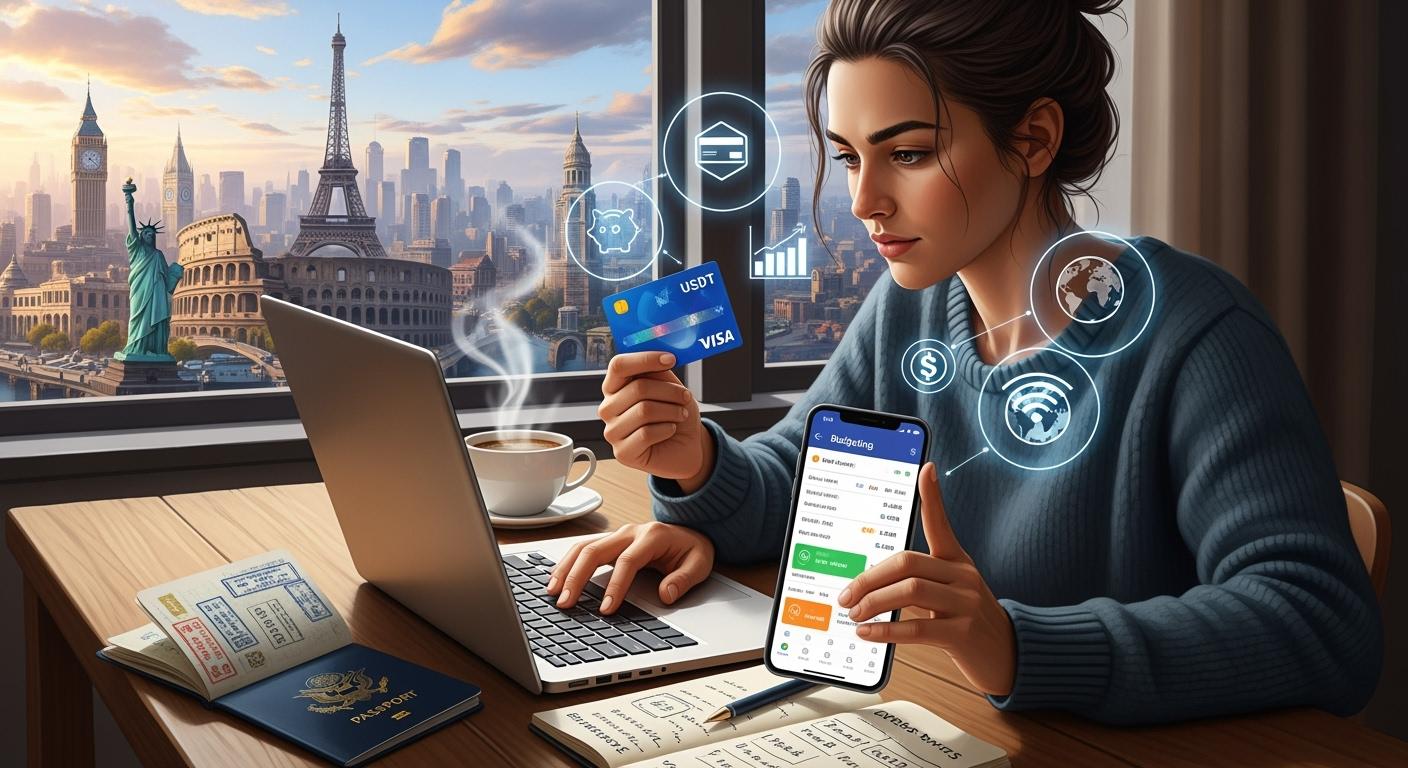 Digital nomad booking luxury hotel room with USDT stablecoin wallet and onchain trip disruption insurance shield icon, representing crypto travel platforms like Trip.com, Travala.com, XcelTrip.com, LockTrip.com, StableTravelBook.com