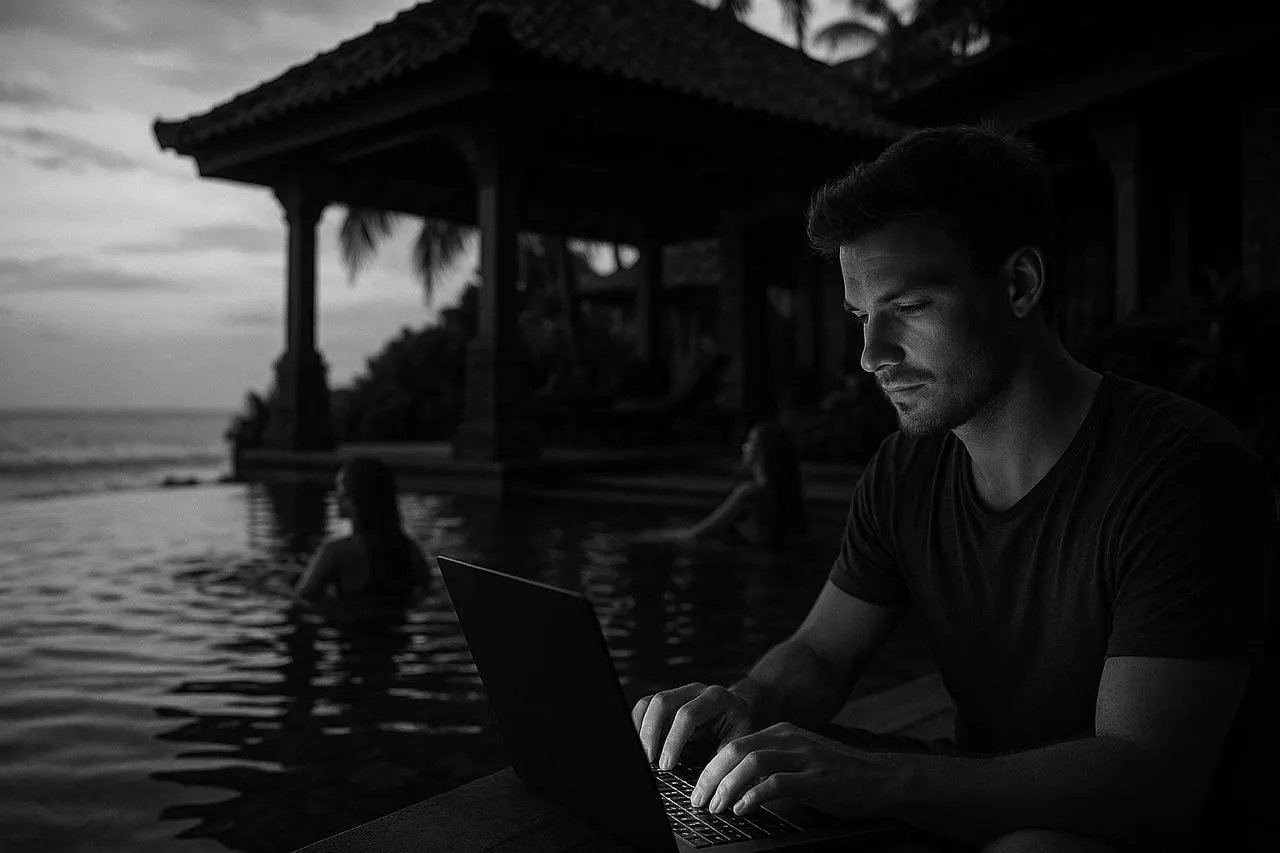 Digital nomad on tropical beach using laptop to book flights and hotels with USDT stablecoins, onchain insurance overlay for secure 2026 crypto travel