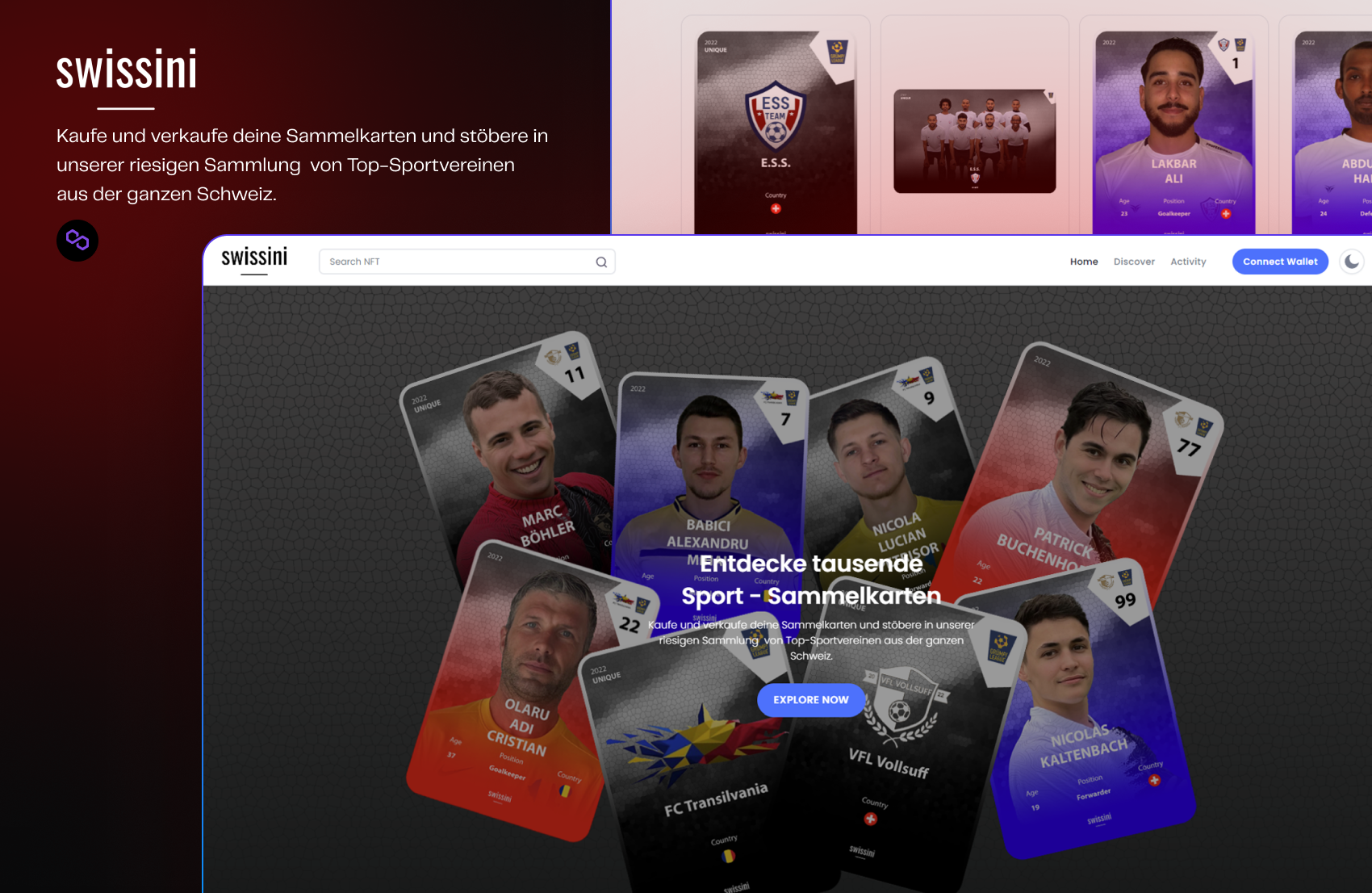 Blockchain-powered fantasy sports dashboard featuring digital player cards and team tokens