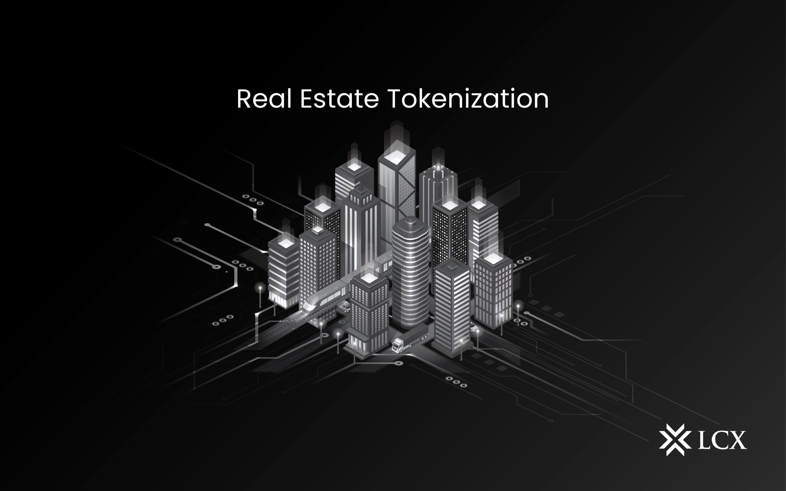 Digital tokens symbolizing fractional ownership of global real estate properties on a blockchain network background