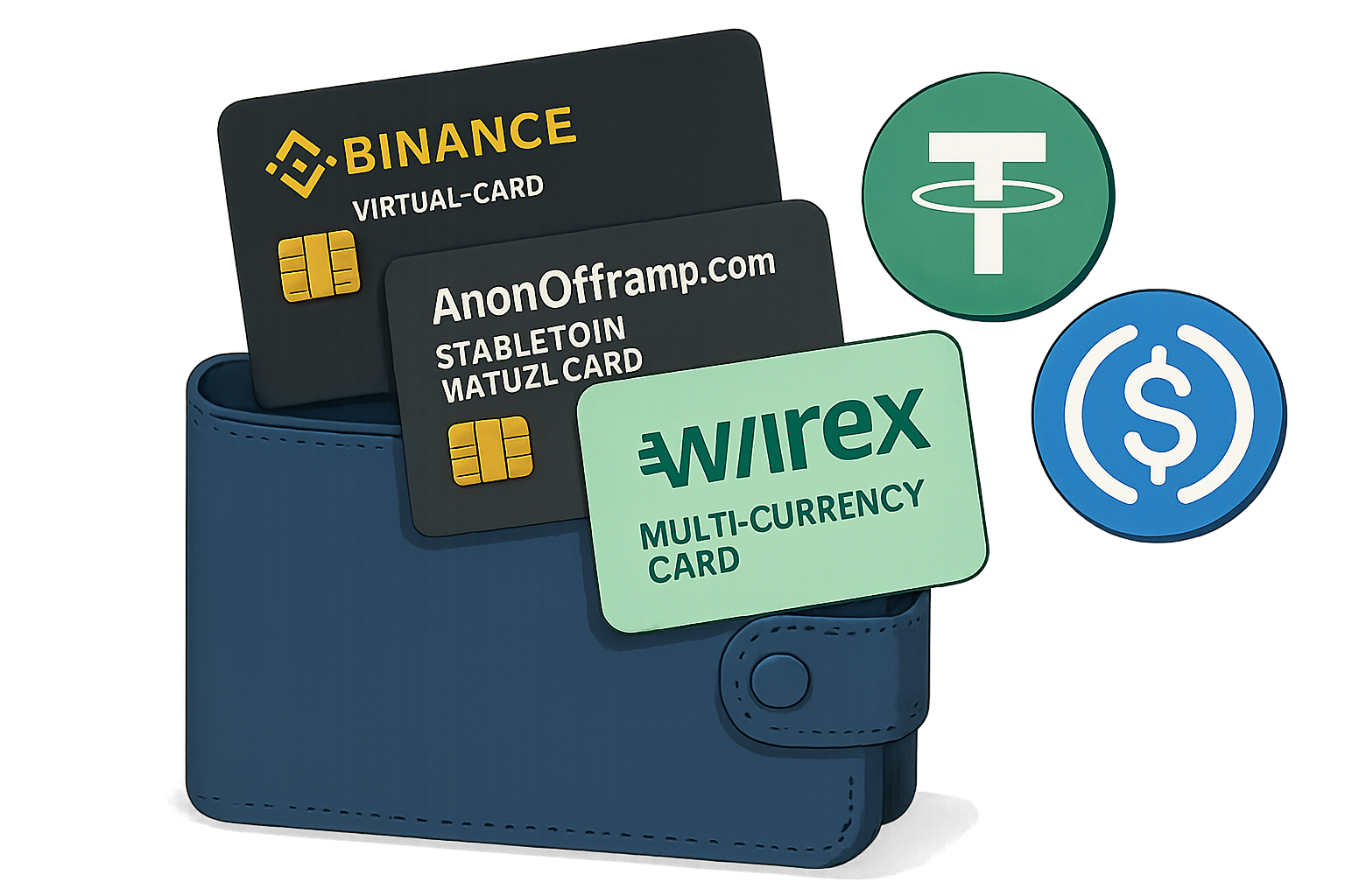 Digital wallet displaying Binance Virtual Card, AnonOfframp.com Stablecoin Virtual Card, and Wirex Multi-Currency Card with USDT and USDC logos, representing instant global stablecoin spending.