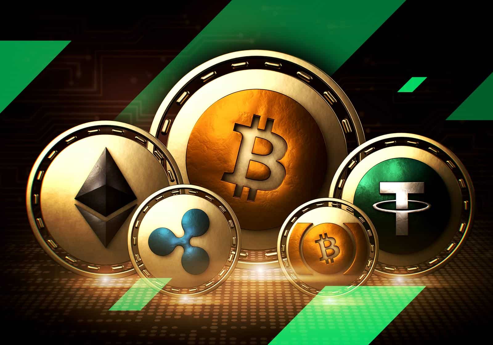 Diversified crypto portfolio with Bitcoin, Ethereum, BNB, XRP, Cardano, and stablecoins represented as digital assets in a secure, modern setting