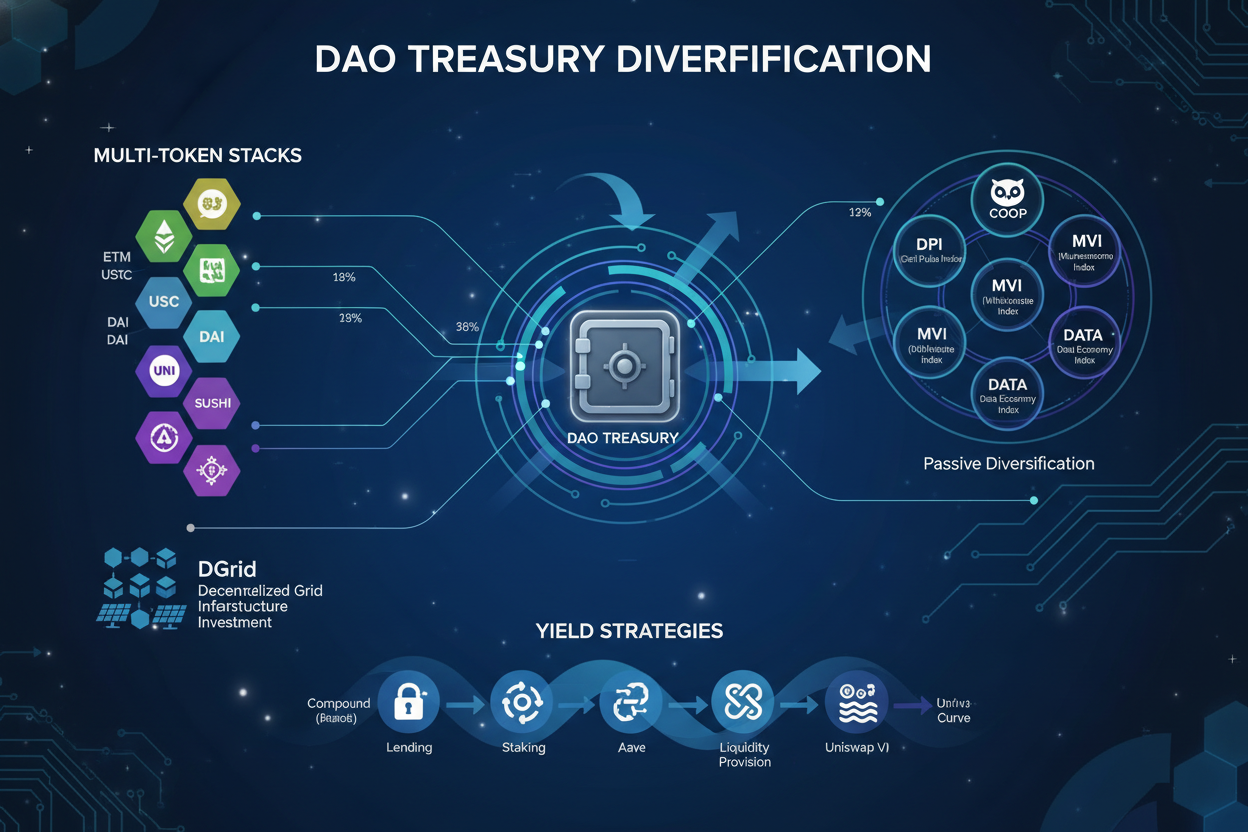 Infographic visualizing diversified DAO treasury portfolio with multi-token stacks including DGrid, Index Coop yield tokens, and strategies like gradual sales, multi-chain diversification, and automated vaults for yield and ecosystem alignment