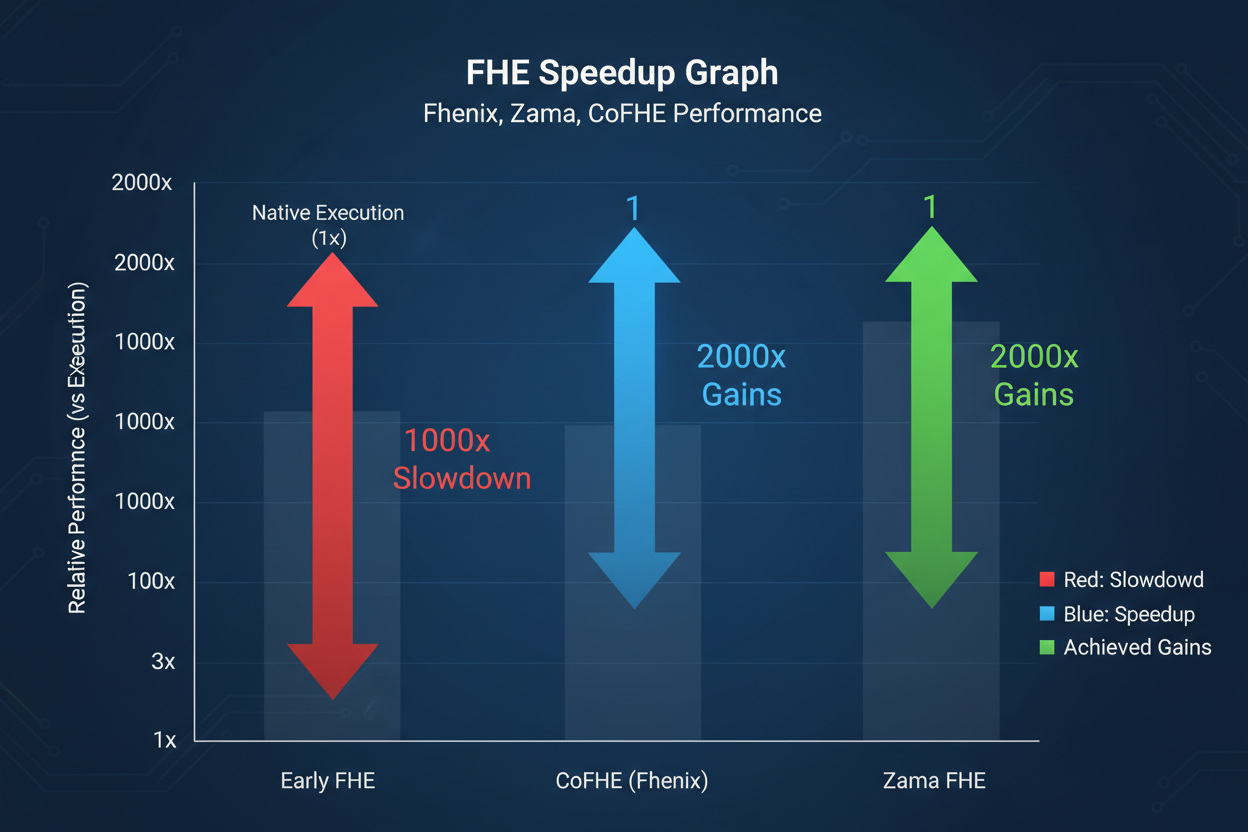 Dramatic performance graph showing Fully Homomorphic Encryption (FHE) speedup from 10,000x slowdown to 20,000x throughput gains using Fhenix CoFHE, Zama fhEVM, TFHE-rs, OpenFHE, and Microsoft SEAL toolkits for private onchain compute