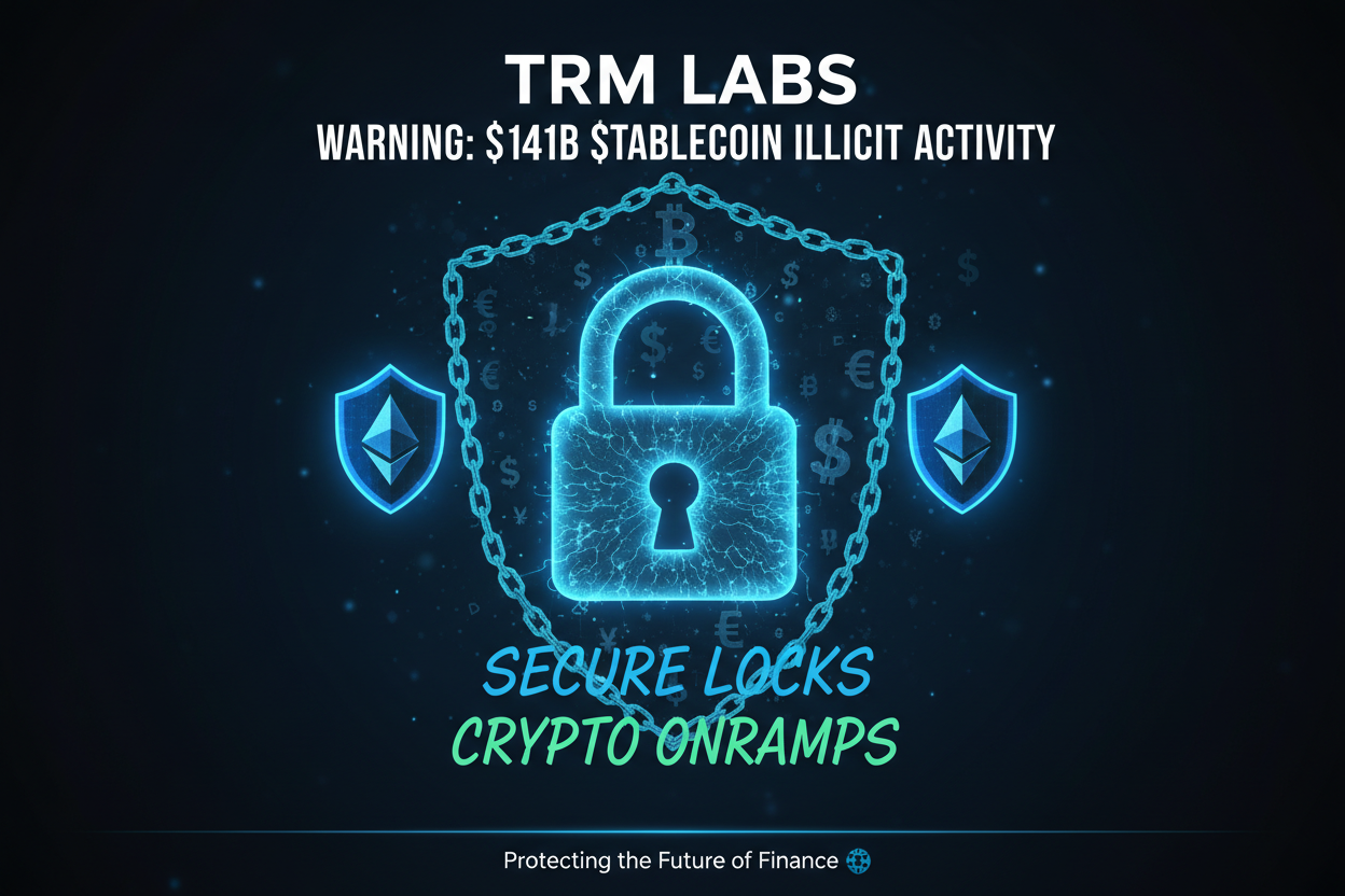 Dramatic TRM Labs warning graphic on $141B stablecoin scams in 2025 with secure padlock icons over top crypto on-ramps Coinbase Kraken Gemini Bitstamp Crypto.com MoonPay Ramp Network
