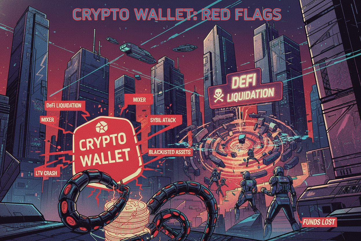 Dramatic futuristic DeFi cityscape illustration of crypto wallet surrounded by red flags icons for repeated liquidations, maxed LTV ratios, sybil patterns, high fund velocity, blacklisted addresses, borrow-repay cycles, and privacy mixers destroying on-chain credit score