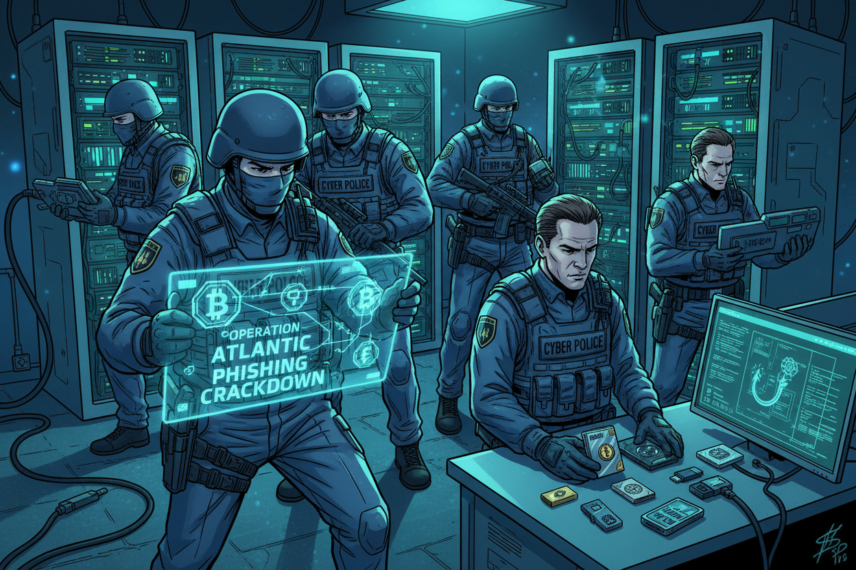 Dramatic illustration of law enforcement seizing crypto wallets in Operation Atlantic $12M approval phishing crackdown, depicting police raid on scammers freezing stolen funds from 20,000 victims