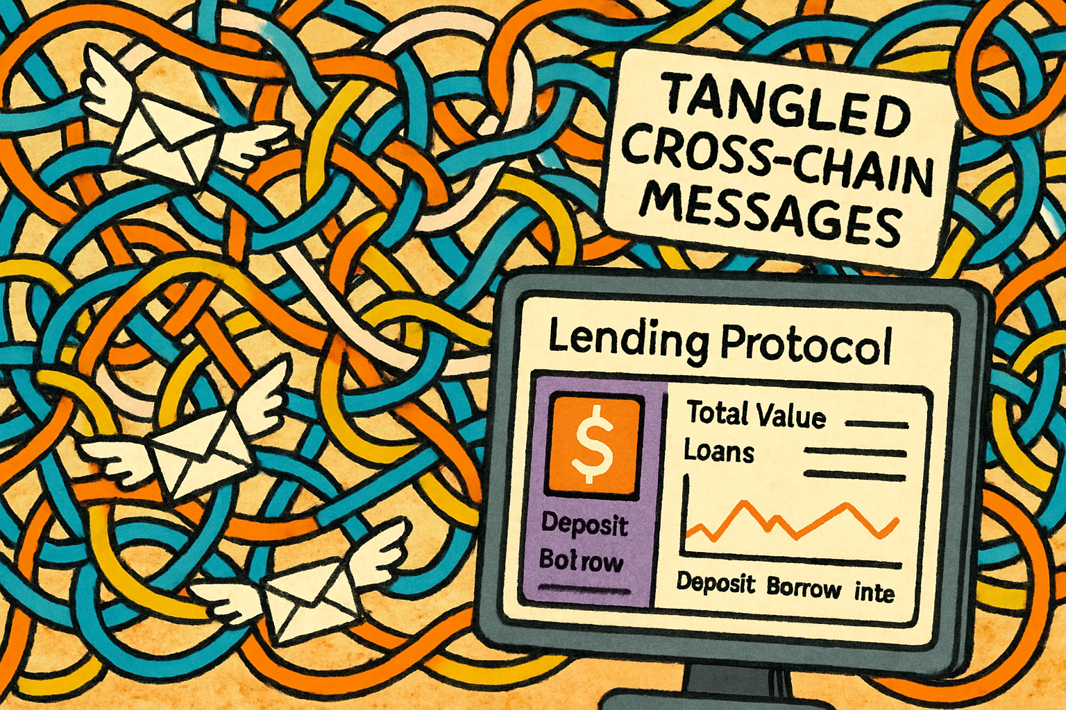 Dramatic illustration of tangled cross-chain messages causing state chaos and inconsistencies in a DeFi lending protocol dashboard, highlighting blockchain bridge vulnerabilities and security risks
