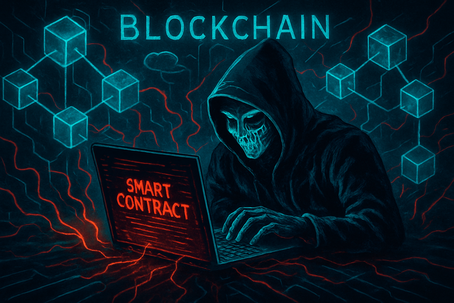 Dramatic visualization of AI agent breaching blockchain smart contract chains, simulating $4.6M theft from Anthropic research, DeFi security threat illustration