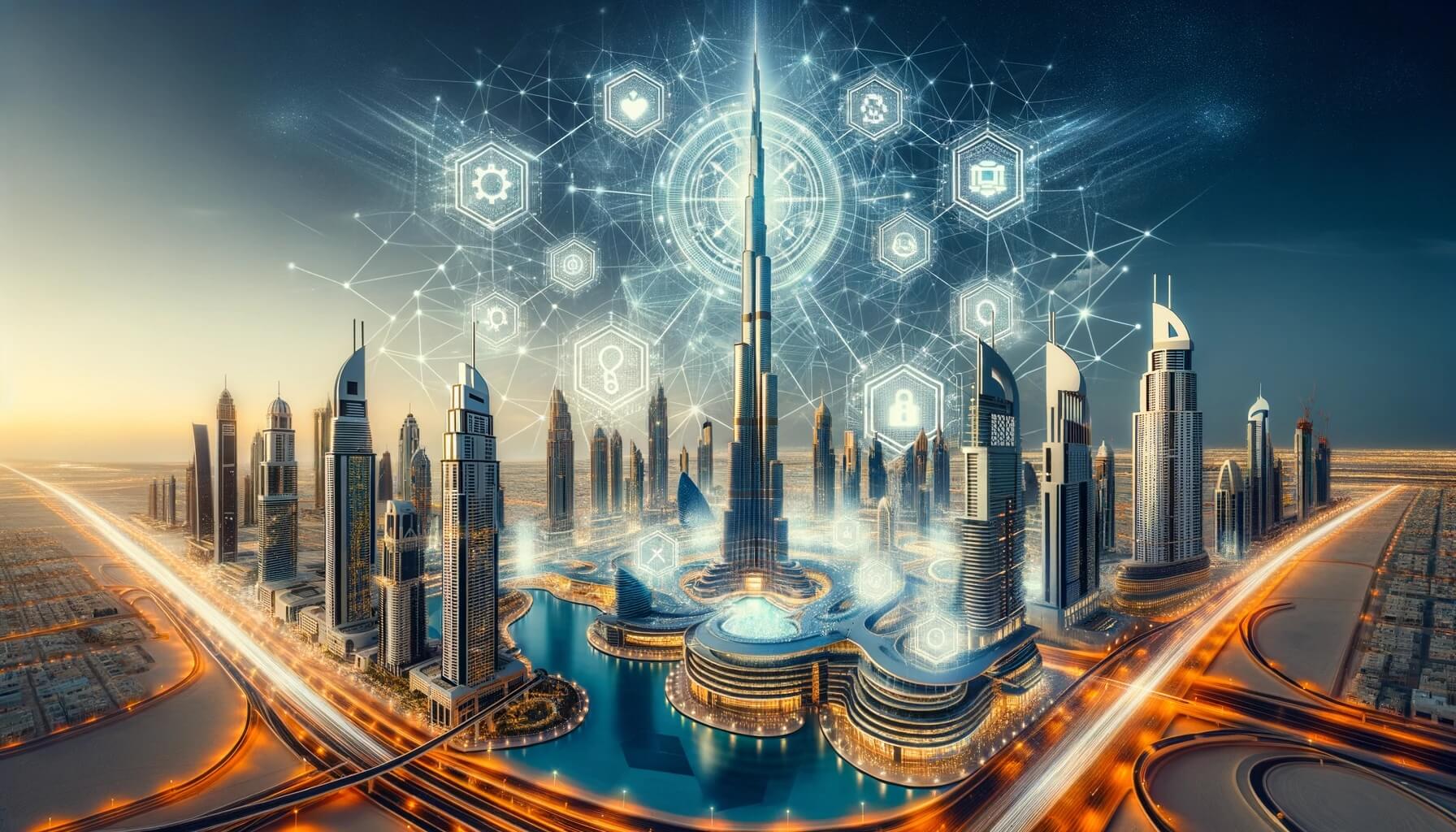 Dubai skyline overlaid with blockchain tokens and RWA Inc partnership graphic, illustrating UAE real estate tokenization and 2026 liquidity boom