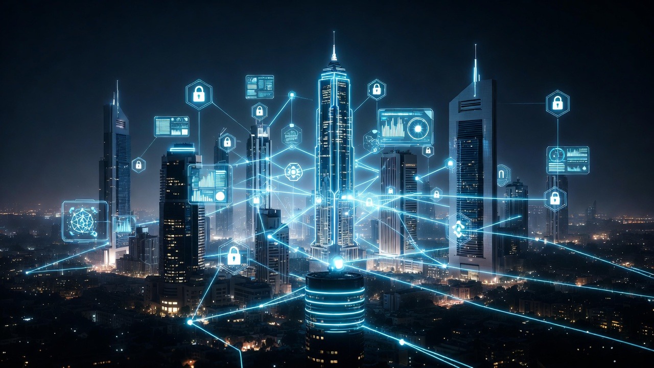 Dubai skyline with glowing blockchain tokens overlaying luxury properties, illustrating real estate tokenization and fractional ownership in 2026