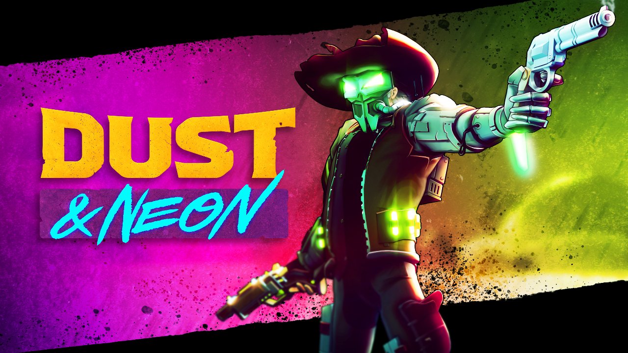 Dust & Neon twin-stick shooter gameplay screenshot: cowboy gunslinger dodging lasers from robots in neon-lit dusty arena