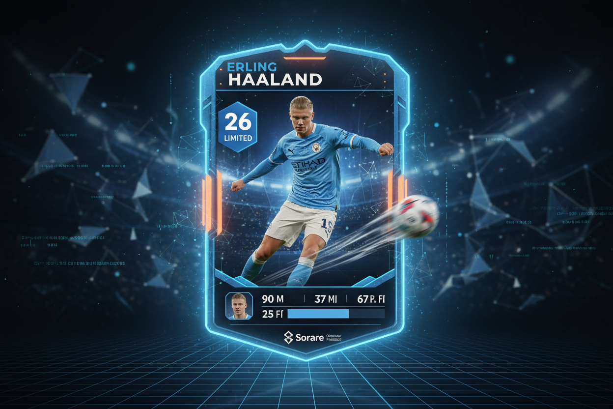 Dynamic 3D render of Erling Haaland Manchester City Sorare Premier League 2026 Limited card in action, fantasy soccer NFT collectible