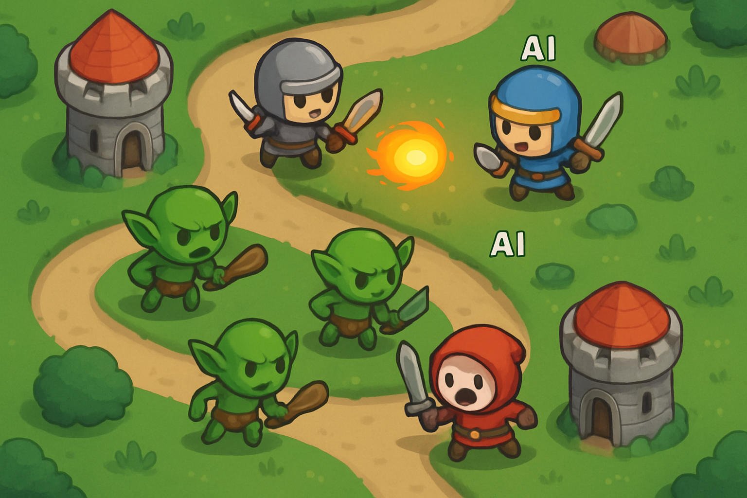 Dynamic AI agents battling in Tiny Legends royale arena with goblins, towers, and strategic elements like terrain exploitation and resource pickups