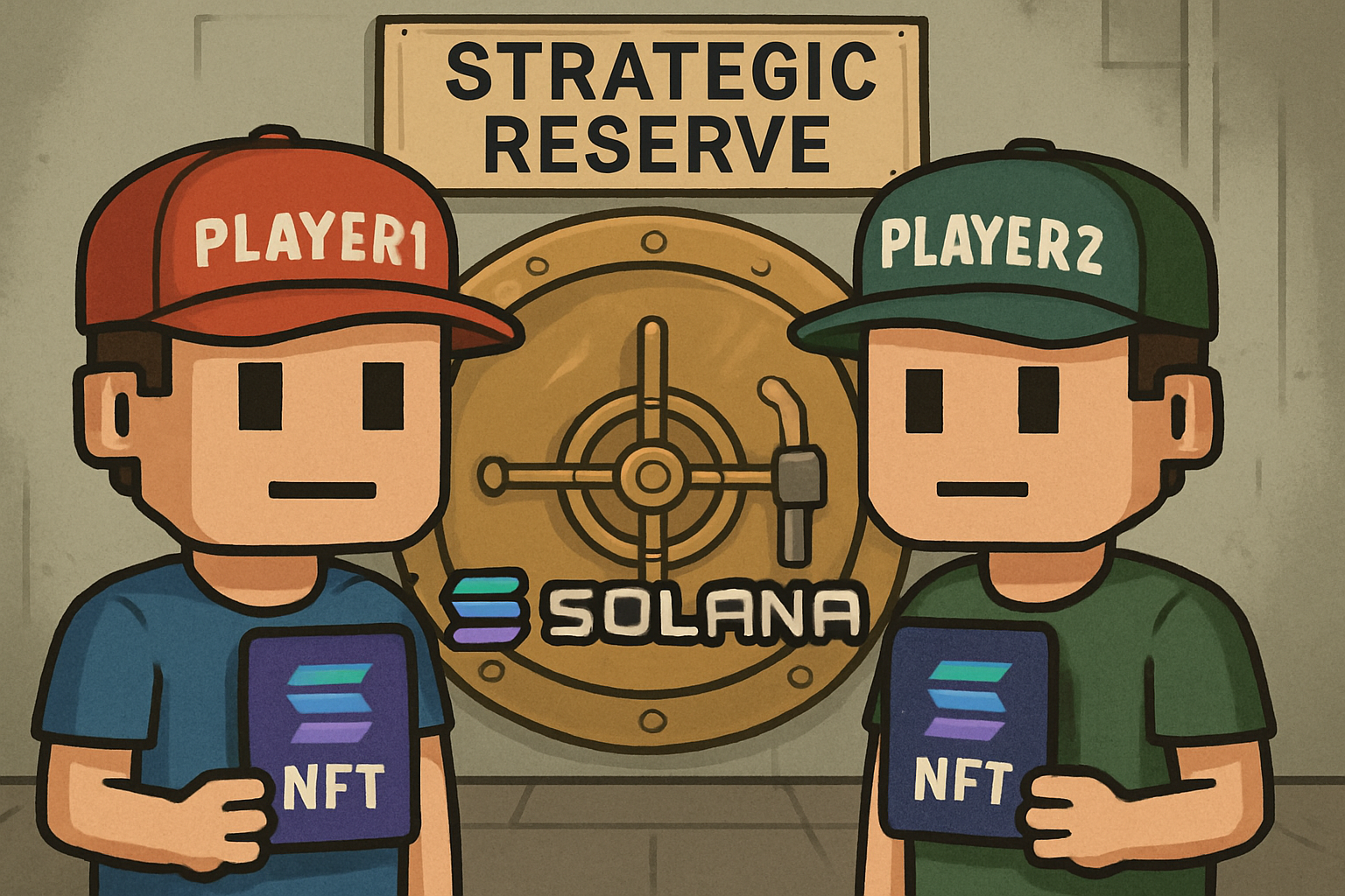 Dynamic digital artwork of Player1 and Player2 NFTs in a futuristic Solana gaming reserve vault, symbolizing strategic asset accumulation for 2025 blockchain gaming economies