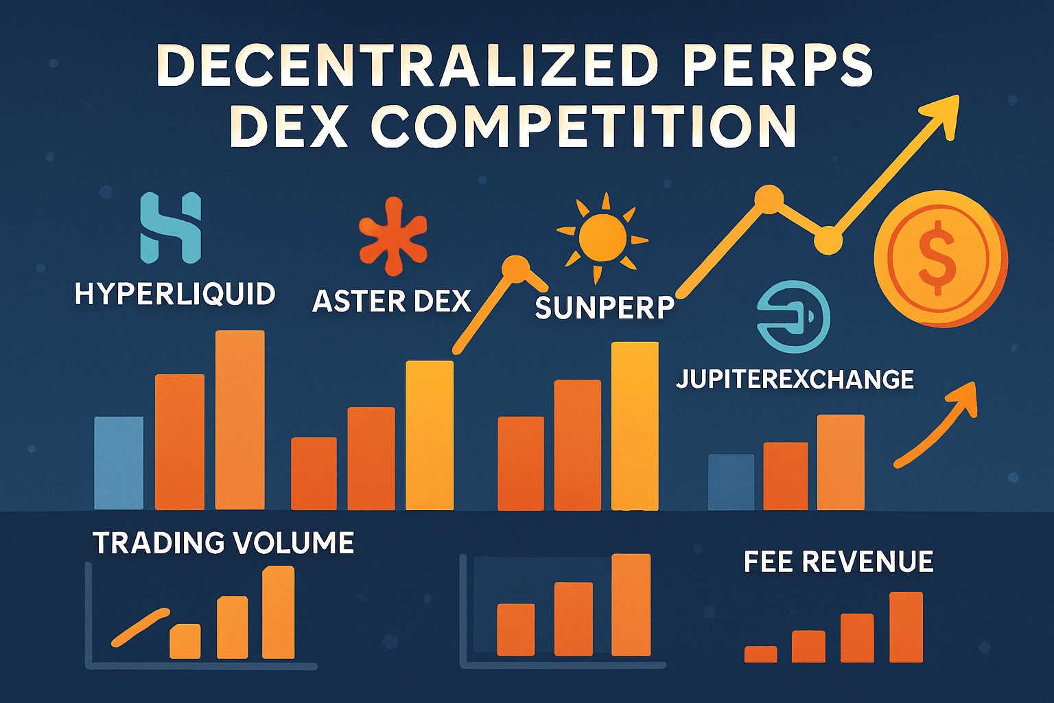 Conceptual illustration representing Hyperliquid, Aster DEX, SunPerp, and JupiterExchange competing in decentralized perpetual exchanges, with dynamic elements symbolizing trading volume and fee revenue.