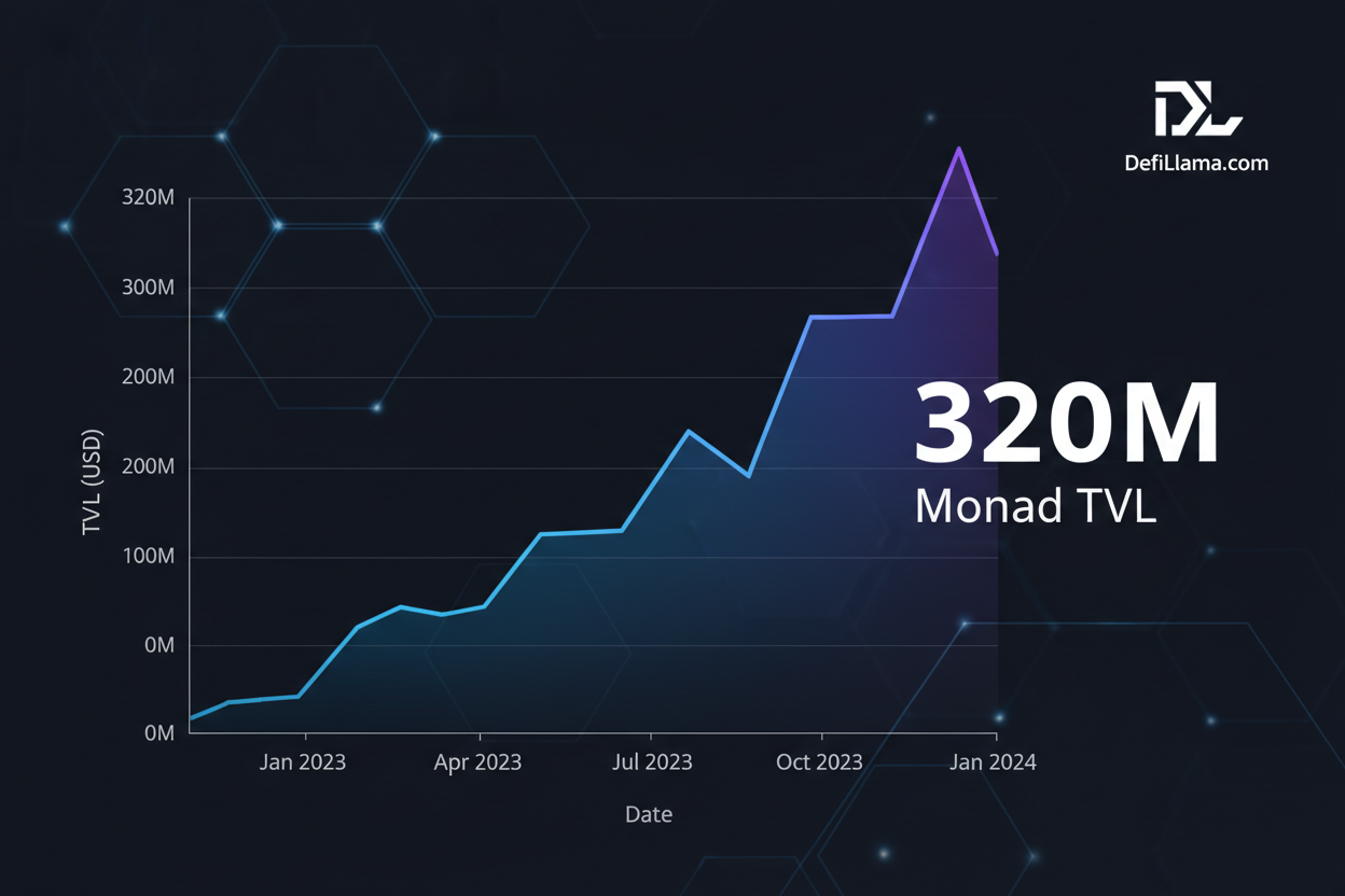 Dynamic chart illustrating Monad blockchain TVL growth from mainnet launch to over $320M in 2026, highlighting key DeFi milestones and surge