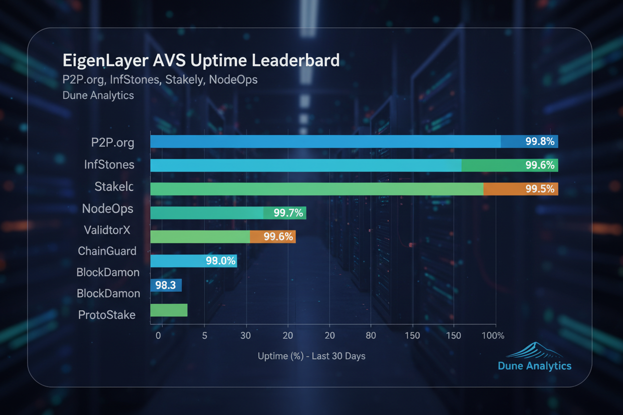 2026 AVS uptime leaderboard chart highlighting top EigenLayer operators like P2P.org, InfStones, Stakely, B-Harvest, Launchnodes, Imperator.co, NodeOps, Blockscape, Chainflow, DSRV